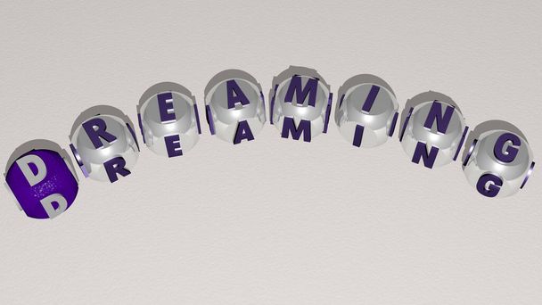 dreaming curved text of cubic dice letters. 3D illustration. beautiful and girl - Photo, Image