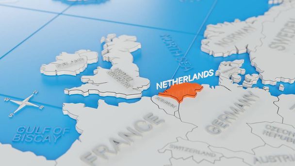 Нидерланды выделены на белой упрощенной 3D карте мира. Цифровой 3D рендер. - Фото, изображение