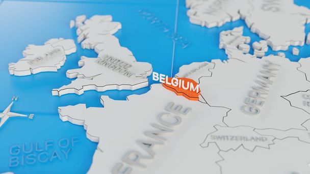 Бельгия выделена на белой упрощенной 3D карте мира. Цифровой 3D рендер. - Фото, изображение