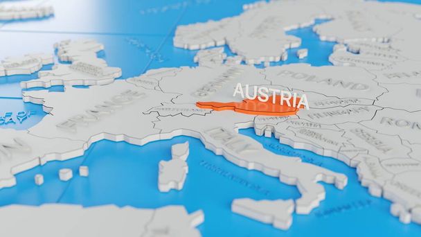Αυστρία τονίζεται σε ένα λευκό απλοποιημένο 3D παγκόσμιο χάρτη. Ψηφιακή 3D απόδοση. - Φωτογραφία, εικόνα