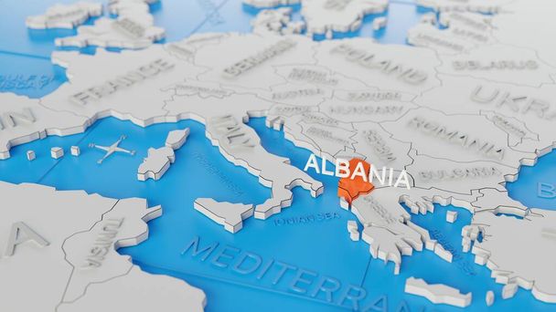 L'Albanie a souligné sur une carte du monde 3D simplifiée blanche. rendu 3D numérique. - Photo, image