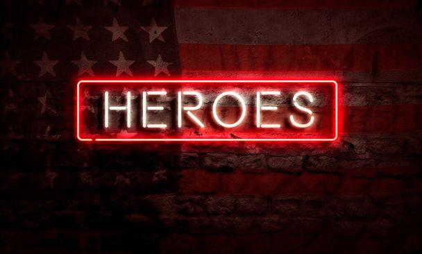 Heroes American Flag Brick Wall Neon Sign Word Pop Art - Photo, Image