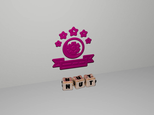 орех 3D значок на стене и кубические буквы на полу. 3D иллюстрация. фон и еда - Фото, изображение