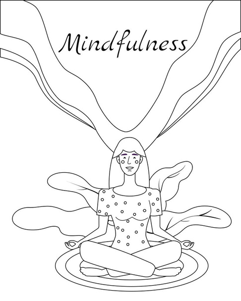 Розсудливість йоги медитації жінка сидить в позі лотоса медитувати. Психічна спокійна і самосвідомість концепція. Векторні ілюстрації ізольовані лінійні фігури
 - Вектор, зображення