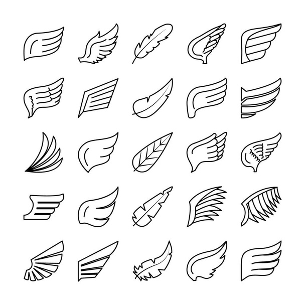 wings and feathers icon set, line style - Vector, Image