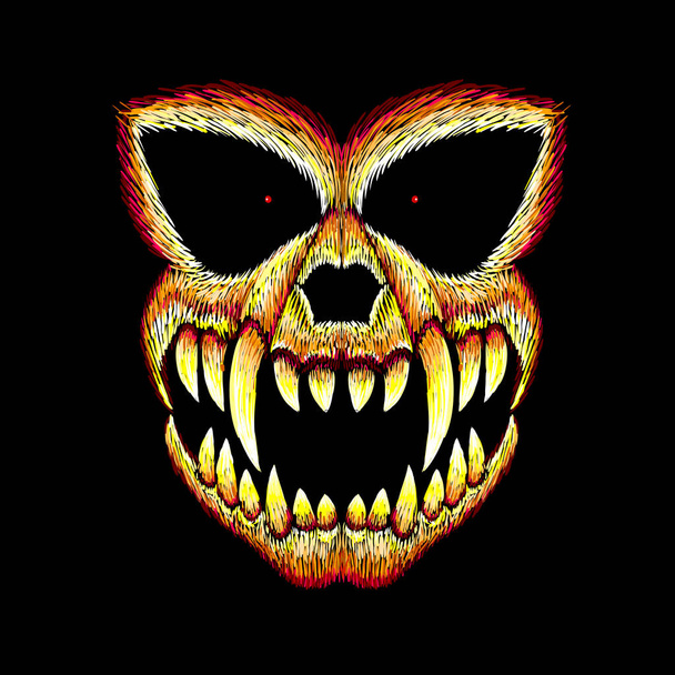 Der Vector Halloween Totenkopf mit langen Zähnen für T-Shirt Design oder Outwear. Bunt auf schwarzem Hintergrund - Vektor, Bild