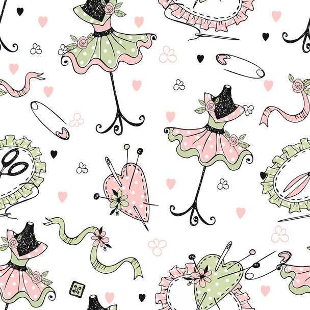Seamless pattern on the theme of tailoring with tailor mannequins and sewing accessories. Vector. - ベクター画像