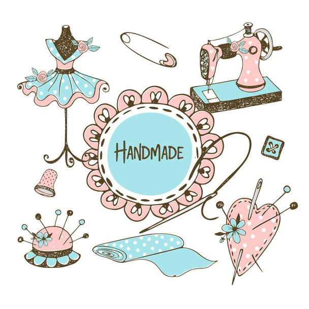 Cute frame with ruffles in Doodle style with a sewing machine and tailor mannequins . Vector. - Vector, Image