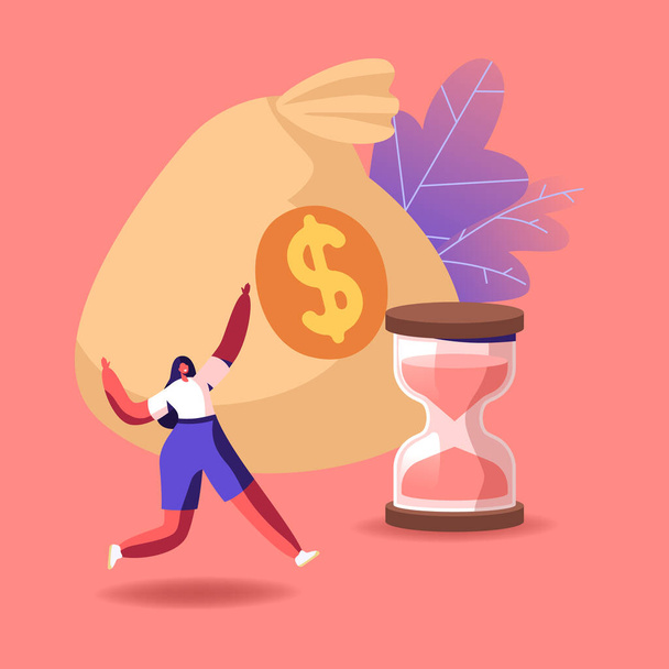 Tiny Cheerful Female Character Running near Huge Money Sack and Hourglass. Profit Savings and Investment, Loan Contract - Vector, Image