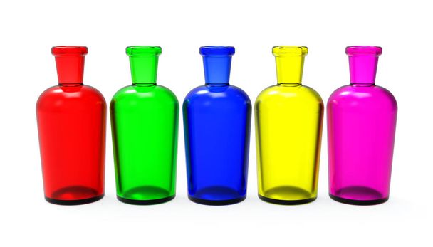 Cinco botellas de colores. Botellas de colores para drogas. Ilustración 3D. - Foto, Imagen