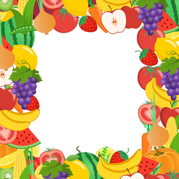 Verduras y frutas en un marco. Sandía, calabaza, zanahoria, tomate, manzana, cebolla, berenjena, plátano, fresa, remolacha, pimienta, maíz, guisantes, kiwi, limón, uvas Vector illustration - Vector, imagen