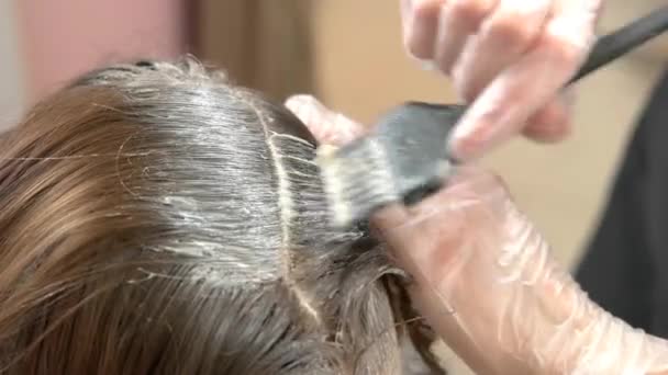 manos con cepillo cabello moribundo proceso de coloración - Metraje, vídeo