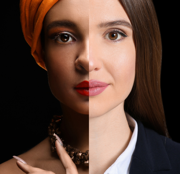 アフリカ系アメリカ人と白人女性の暗い背景での比較肖像画。人種差別をやめ - 写真・画像