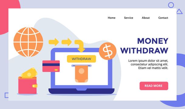 Geld abheben Geld aus Monitor Laptop-Kampagne für Web-Website Startseite Landing Page Template Banner mit modernen flachen Stil Vektor - Vektor, Bild
