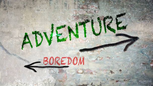 Street Sign the Direction Way to Adventure versus Boredom - Photo, Image