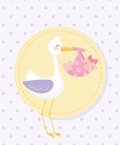 детский душ, аист с маленькой девочкой в одеяле, приветственный баннер для новорожденных - Вектор,изображение