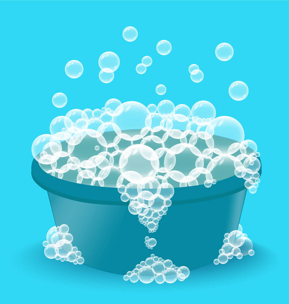 Lavabo de plástico azul con jabón. Cuenco con burbujas sobre fondo azul. concepto de lavandería, equipo de limpieza. - Vector, Imagen