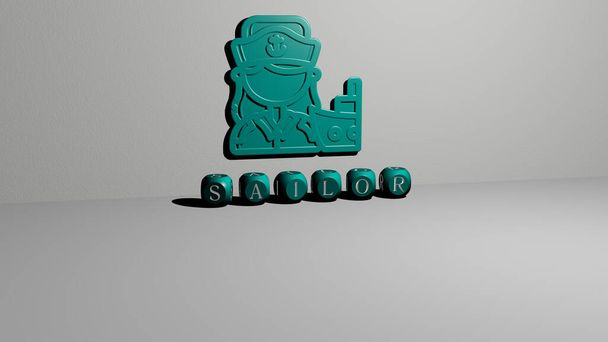Matrose 3D-Symbol an der Wand und Text von kubischen Alphabeten auf dem Boden. 3D-Illustration. Karikatur und Hauptmann - Foto, Bild