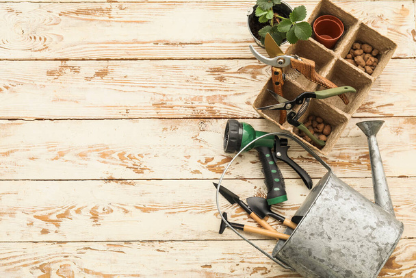 садовые инструменты на деревянном фоне - Фото, изображение
