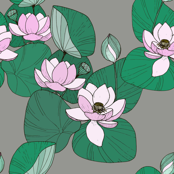 Blooming lotus seamless pattern.  Interesting drawing of a blooming lotus with a bud. - Fotografie, Obrázek