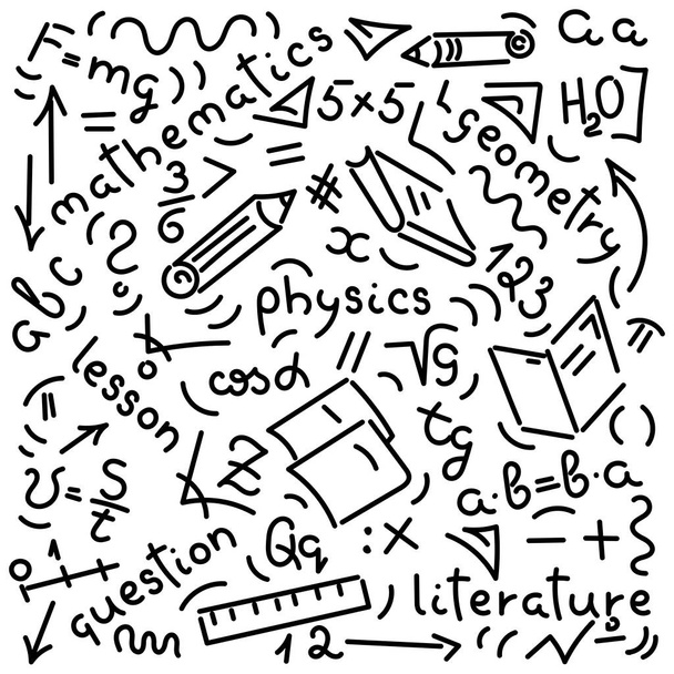 Doodle dibujando a mano. Nombres de materias escolares, fórmulas, libros, cuadernos, lápices. Contexto. - Vector, Imagen