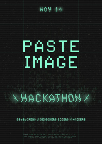 Affiche Hackathon. Affiche futuriste cyberpunk rétro-onde avec typographie de bug de pixel 8 bits, code binaire et espace de copie. Ensemble de dates avec numéros. Vecteur - Vecteur, image