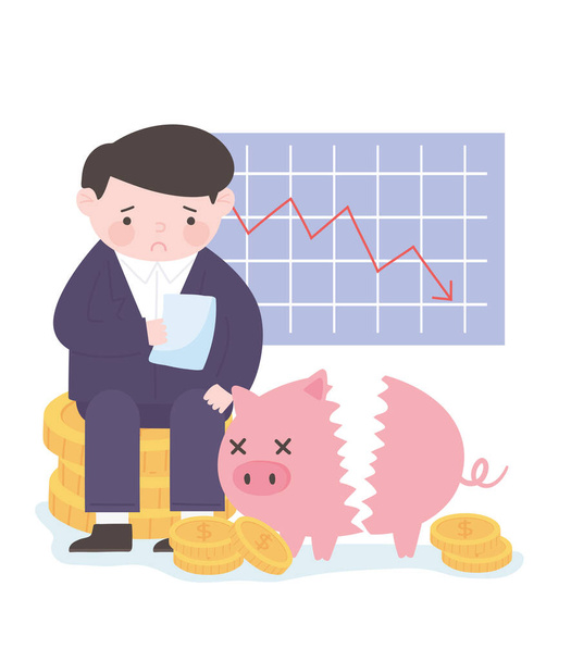 bankruptcy businessman graph stock falls craft piggy bank coins business financial crisis - Vector, Image