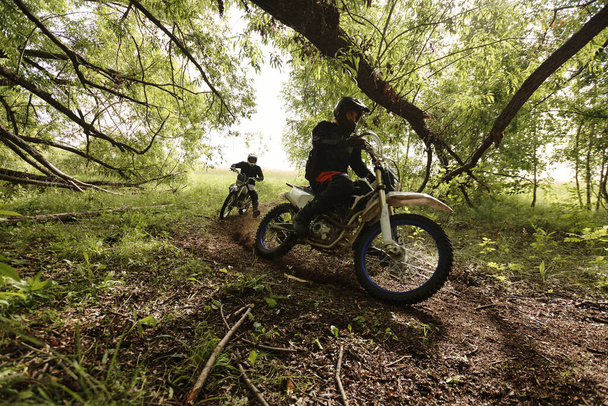 Kasklı profesyonel motosikletçiler off-road yarışlarına katılırken ağaçların altındaki orman raylarından geçiyorlar. - Fotoğraf, Görsel