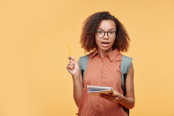 Portrait of amazed African-American student girl with curly hair wearing eyeglasses pointing with pencil up while making unusual discovery - Foto, Imagen