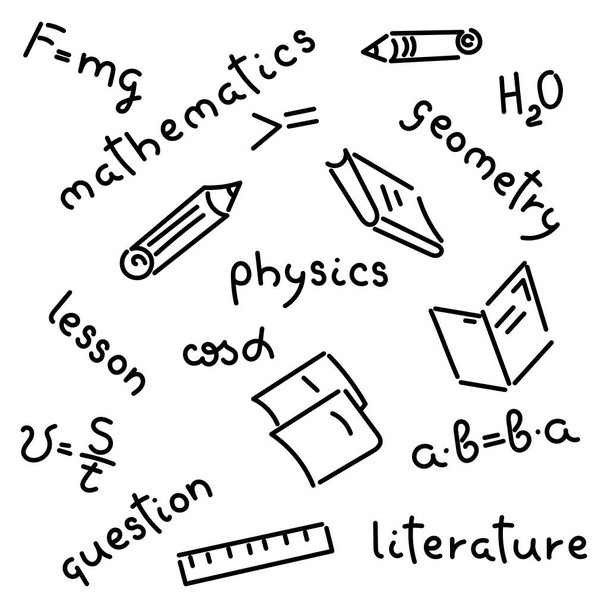 Doodle dessin à la main. Noms des matières scolaires, formules, livres, cahiers, crayons Illustration vectorielle - Vecteur, image