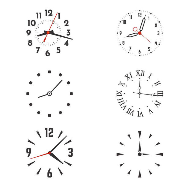 Twarz zegara z rękami i cyframi rzymskimi lub arabskimi, vintage i high tech style. Zestaw ilustracji wektora. - Wektor, obraz