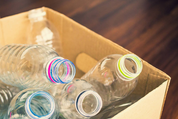 plastic bottles in recycling paper box reuse concept - 写真・画像