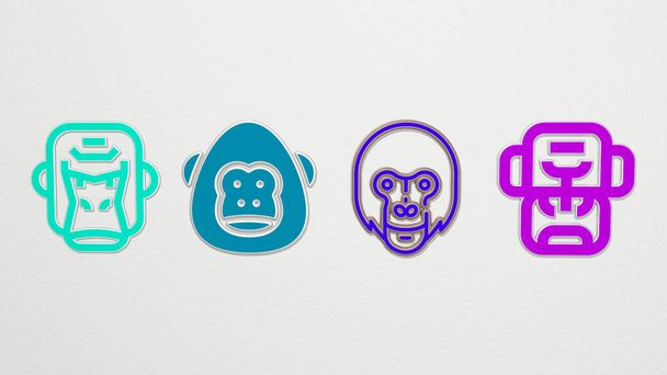 gorilla 4 icons set. 3D illustration. animal and ape - Photo, Image