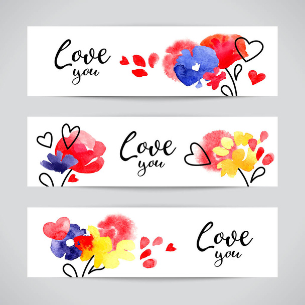 Valintine Day banners. Hearts and flowers painting. Love abstract design. Vector illustration - Vector, imagen