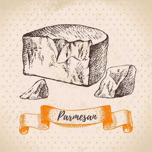 Handgezeichnete Skizze Parmesan Hintergrund. Vektorillustration natürlicher Milchnahrung - Vektor, Bild