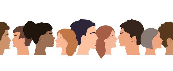 Patrón de frontera sin fisuras de diferentes cabezas de perfil de personas. Humanos de diferentes géneros, etnias y colores. Fondo vectorial - Vector, imagen