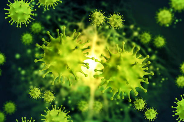 Viruscel op wetenschappelijke achtergrond. 3d illustratie - Foto, afbeelding