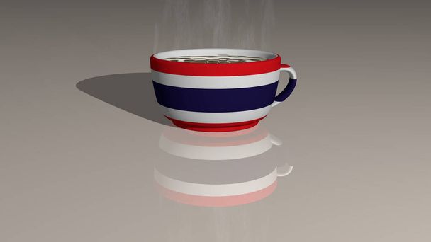 3D ilustrace THAILAND umístěné na šálek horké kávy s realistickou perspektivou a stíny zrcadlící se na podlaze - Fotografie, Obrázek