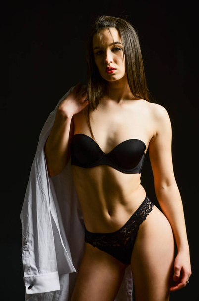 My body my rules. Sexy female. Beautiful girl with sexy look in lace underwear. Portrait of sexy woman. Girl wear bra. Body shapes. Sensual model in lingerie black background. Lingerie boutique - Foto, Imagen