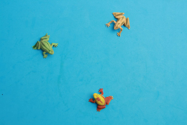 A top view of frog-shaped fishing lures on a blue surface - Foto, Bild