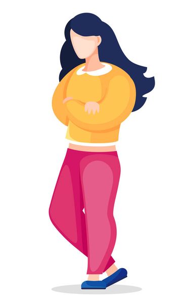 Vector portrait of faceless woman in yellow sweater and pink pants isolated at white background - Vector, Image