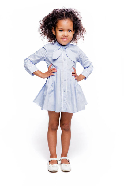 Portrait of a cute little african american girl in a blue dress, isolated on white background. Vertical photo - Valokuva, kuva