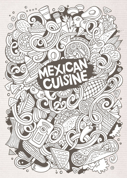 Картун, милий каракулі, намалював мексиканську ілюстрацію їжі. Лінійне мистецтво детальне, з багатьма об'єктами тла. Цікаве векторне оформлення. Скетч з мексиканською кухнею. - Вектор, зображення