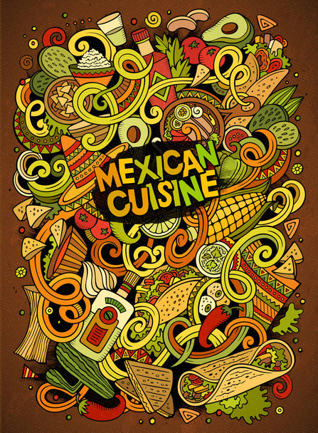 Çizgi filmlerdeki sevimli karalamalar Meksika yemek resimlerini çiziyor. Renkli detaylar, arka planda bir sürü nesne var. Komik vektör çizimi. Meksika mutfağı temalı parlak renkler - Vektör, Görsel