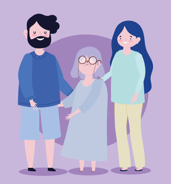 rodina babička a rodiče spolu kreslený postava - Vektor, obrázek