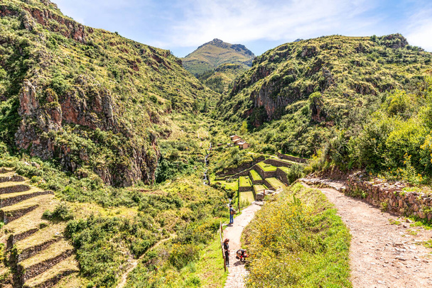 Vue sur l'agriculture Inca plante des terrasses agricoles au parc archéologique dans les vallées sacrées des Incas à Pisaq près de Cusco au Pérou. - Photo, image