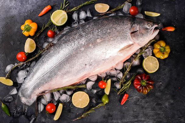 Large fresh fish trout on a dark background with ice, vegetables, lemon, sprigs of razmarin. Delicious and healthy food, omega 3. Proper nutrition - 写真・画像