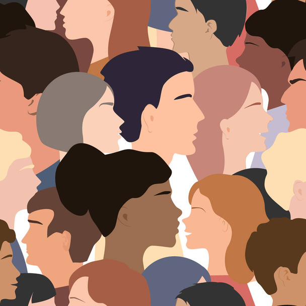 Patrón inconsútil de diferentes cabezas de perfil de personas. Humanos de diferentes géneros, etnias y colores. Fondo vectorial - Vector, imagen