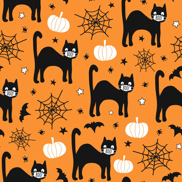 Halloween 2020 Coronavirus pattern black cat wearing face mask, bat, spiders seamless vector repeating background. Cute hand drawn Corona kids illustration for fabric, face mask, cards, party invite - Vector, Image