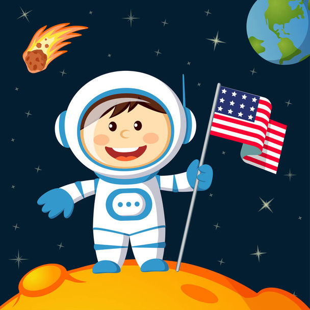 Astronaut with american flag stands on lunar. Space walk on moon - ベクター画像